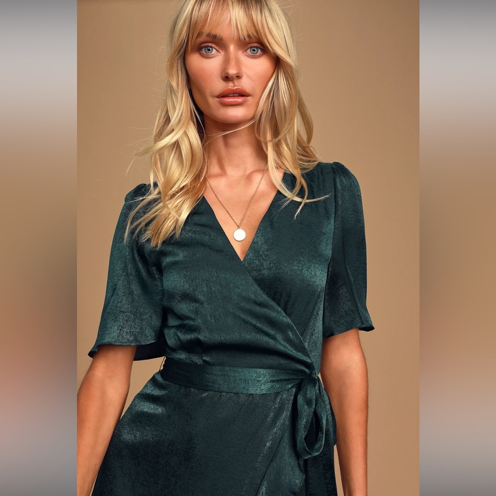 Lulus Wrapped Up In Love Dark Green Satin Faux-Wrap Midi Dress. Sz. Xlg - Picture 4 of 6